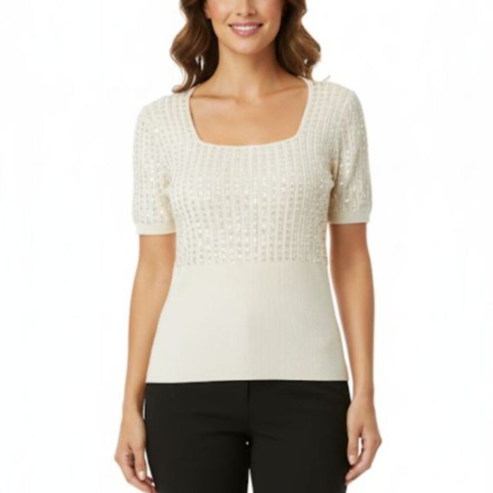 M By Marc Bouwer Women's Ivory Silk Blend Square Neck SS Sequin Sweater Size L